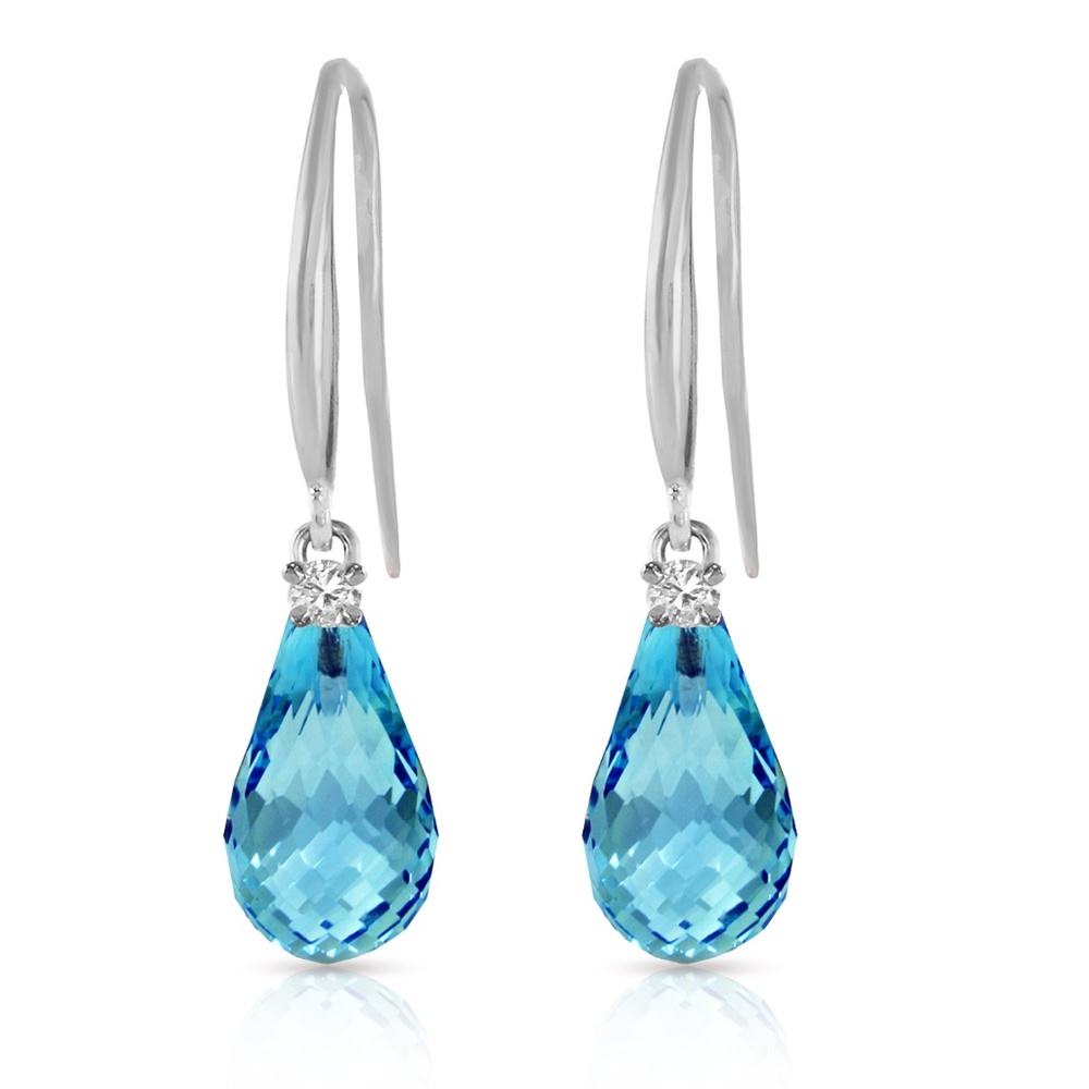 GOLD FISH HOOK EARRINGS WITH DIAMONDS & BLUE TOPAZ - Picture 1 of 6